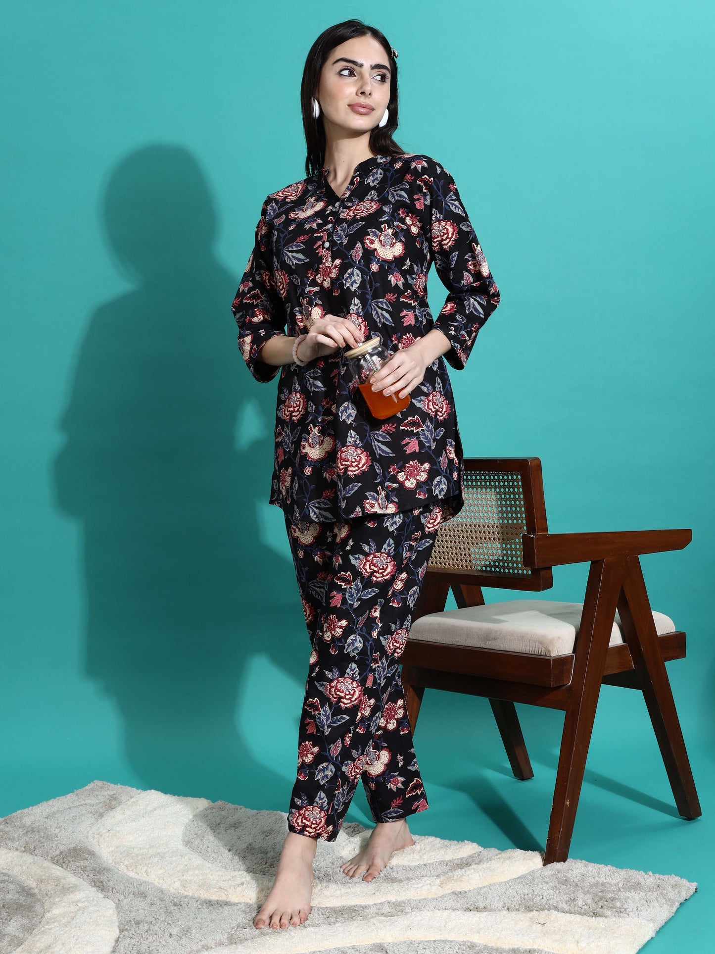 Midnight Black Floral Cotton Pyjama Set for Women Buy Today