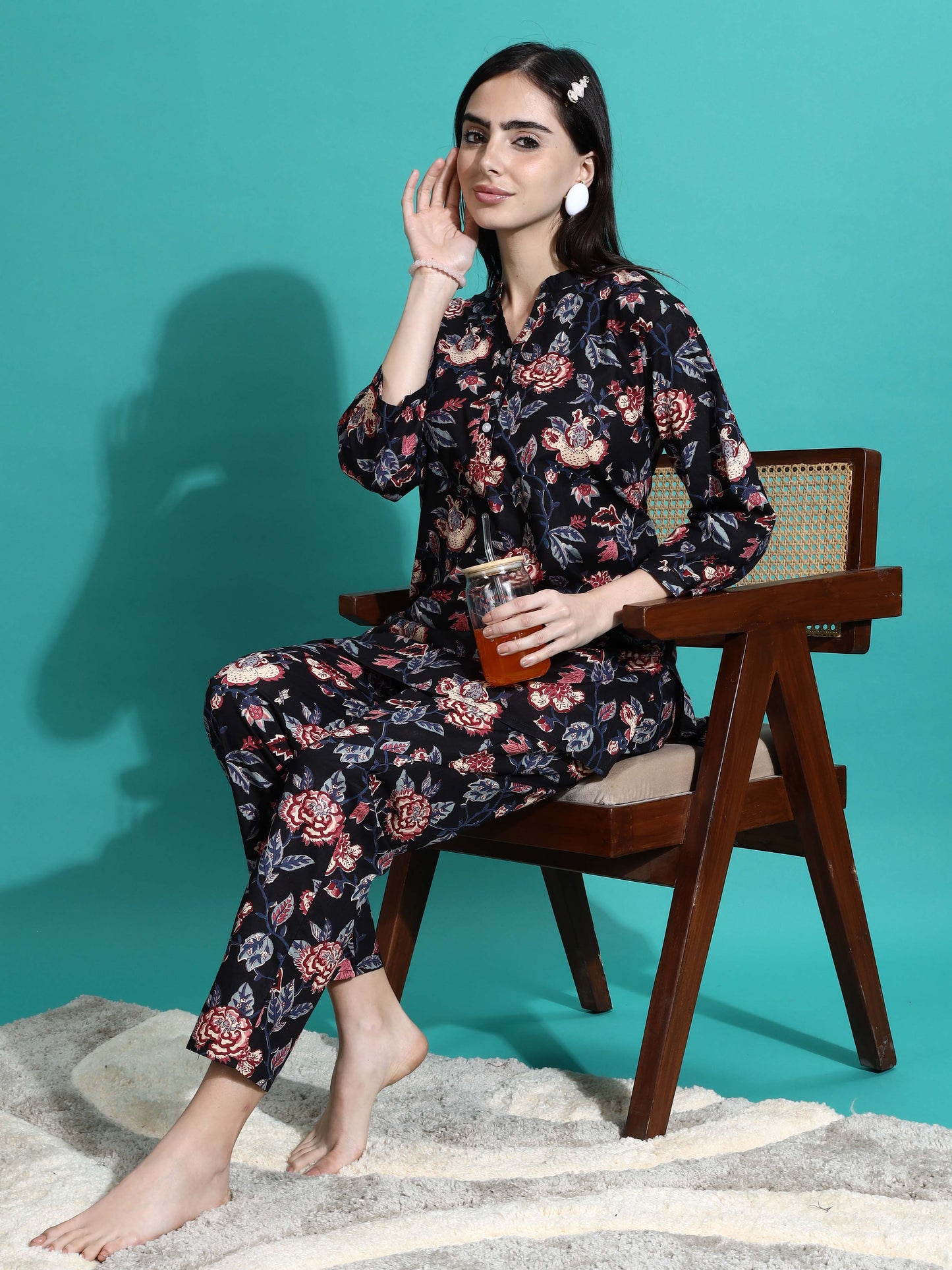 Midnight Black Floral Cotton Pyjama Set for Women Buy Today
