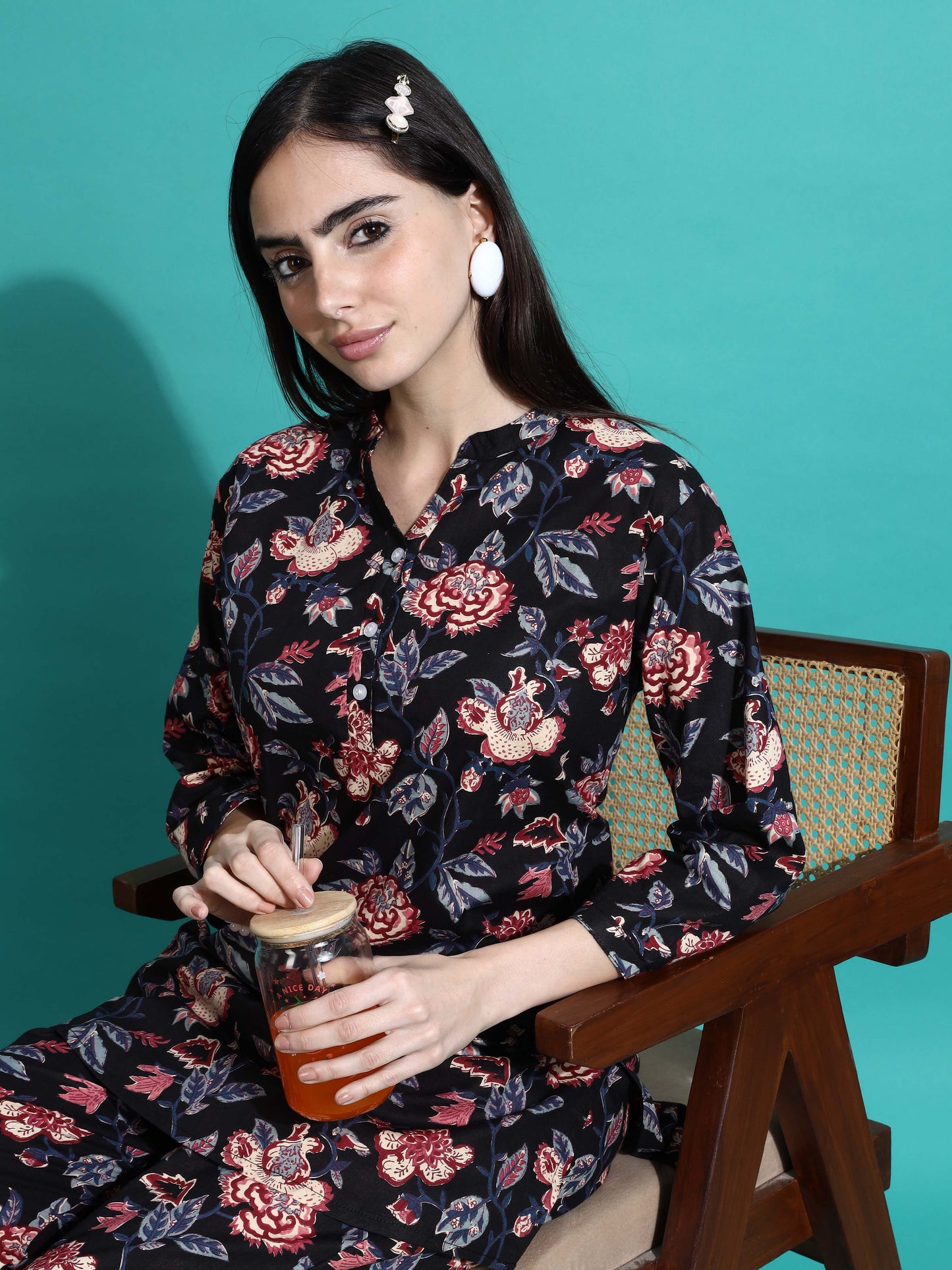 Midnight Black Floral Cotton Pyjama Set for Women Buy Today