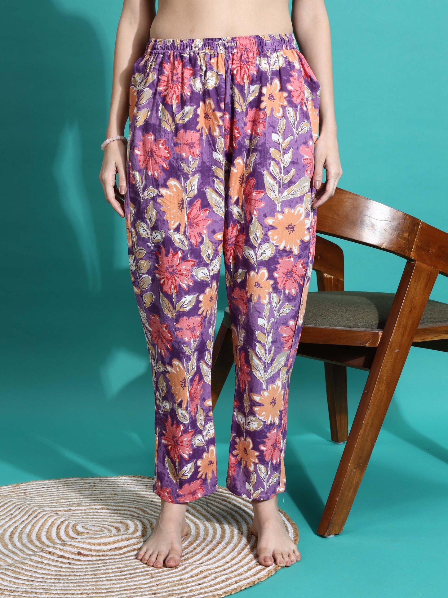 Purple Orange Floral Cotton Pajama Set Stylish Loungewear