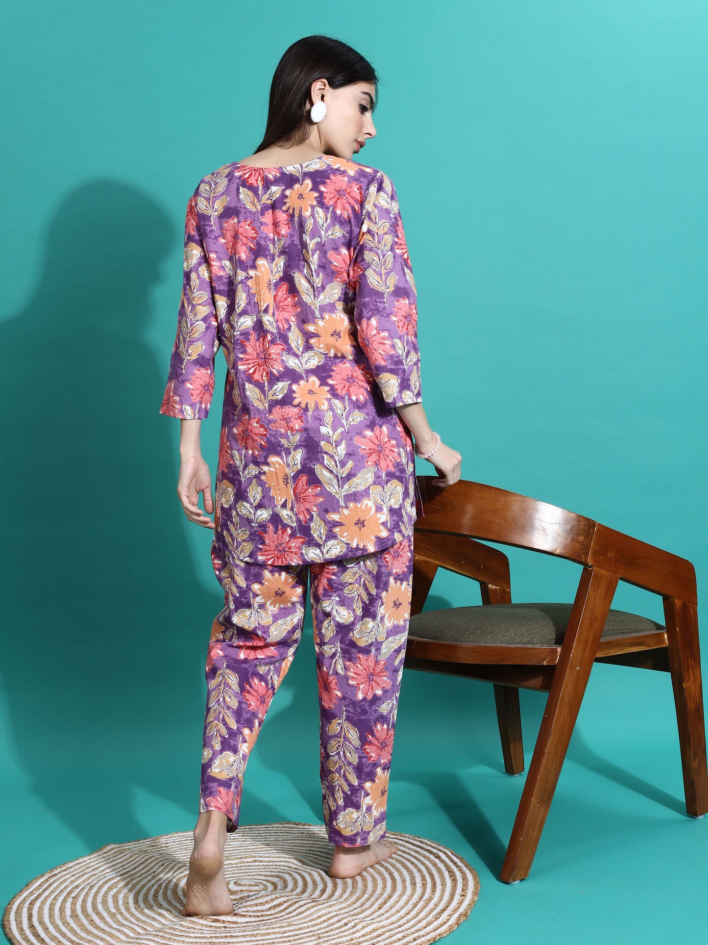 Purple Orange Floral Cotton Pajama Set Stylish Loungewear