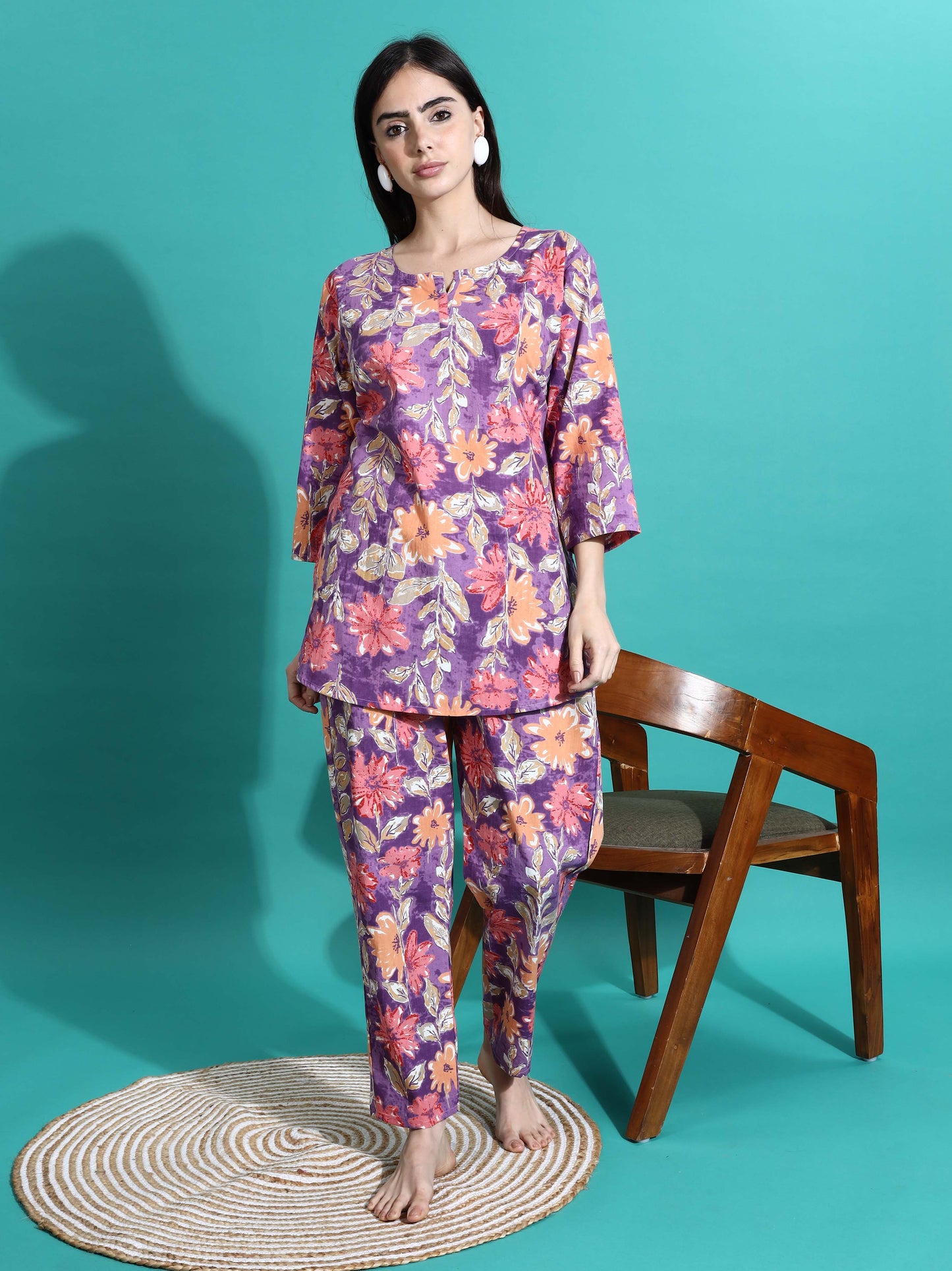 Purple Orange Floral Cotton Pajama Set Stylish Loungewear