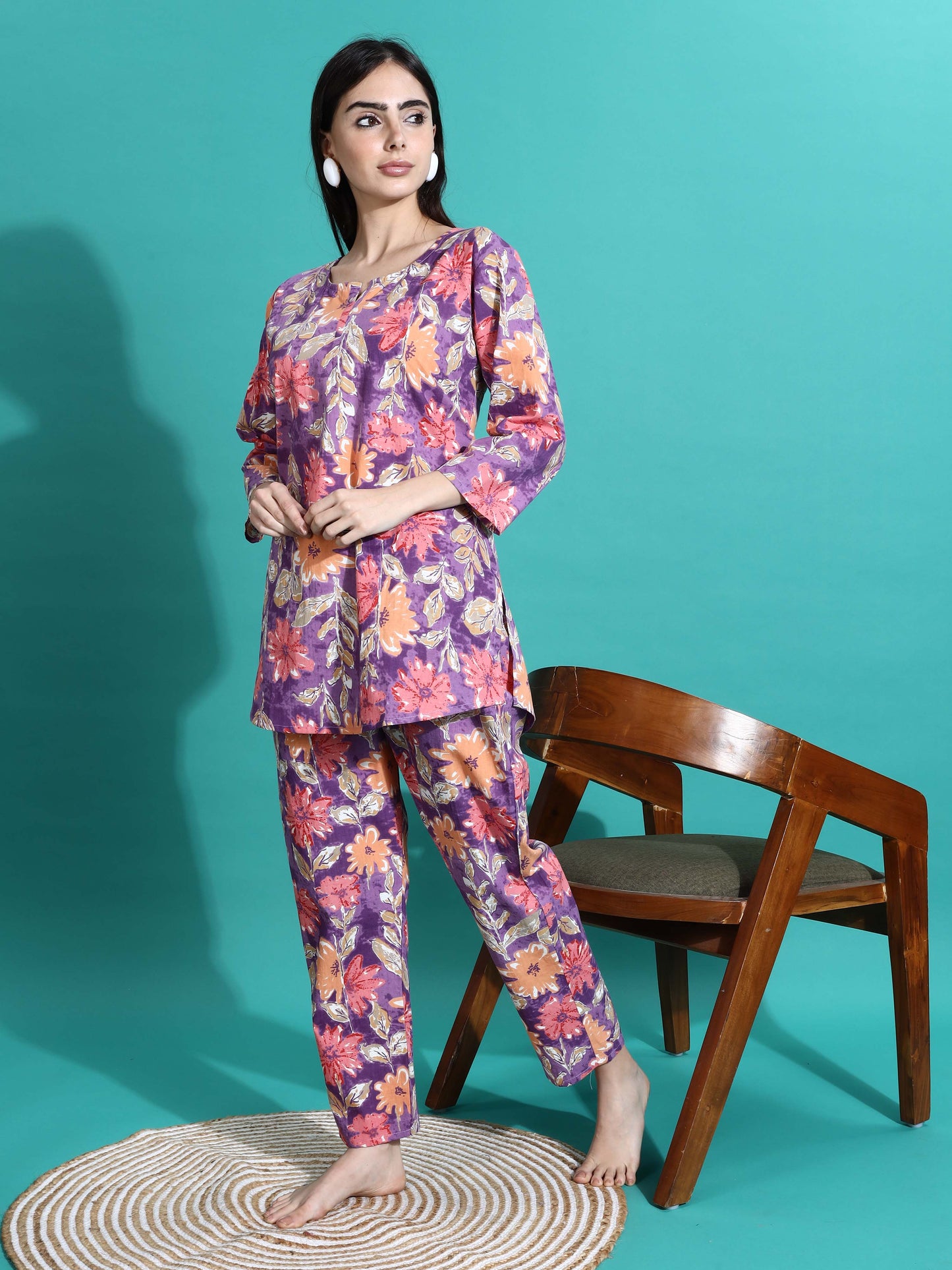Purple Orange Floral Cotton Pajama Set Stylish Loungewear