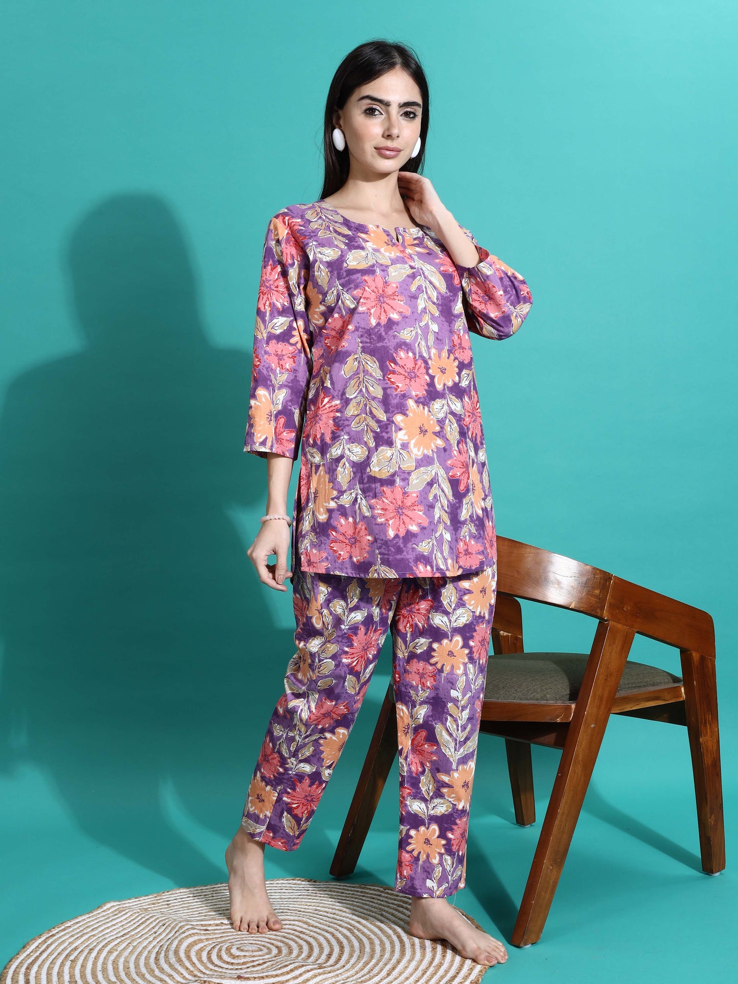 Purple Orange Floral Cotton Pajama Set Stylish Loungewear