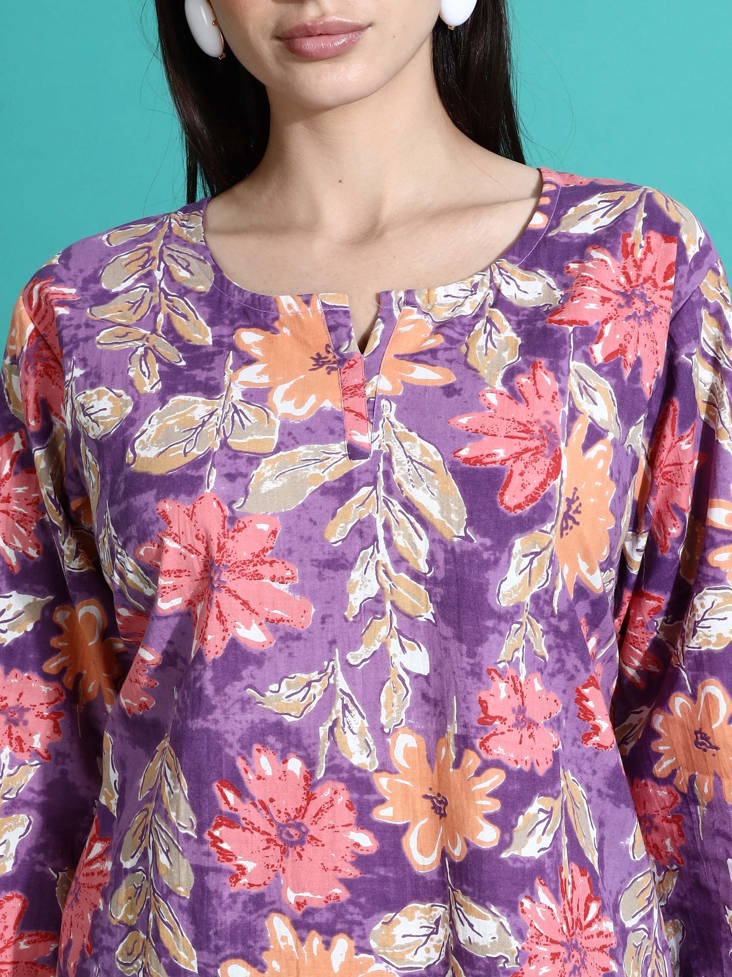 Purple Orange Floral Cotton Pajama Set Stylish Loungewear