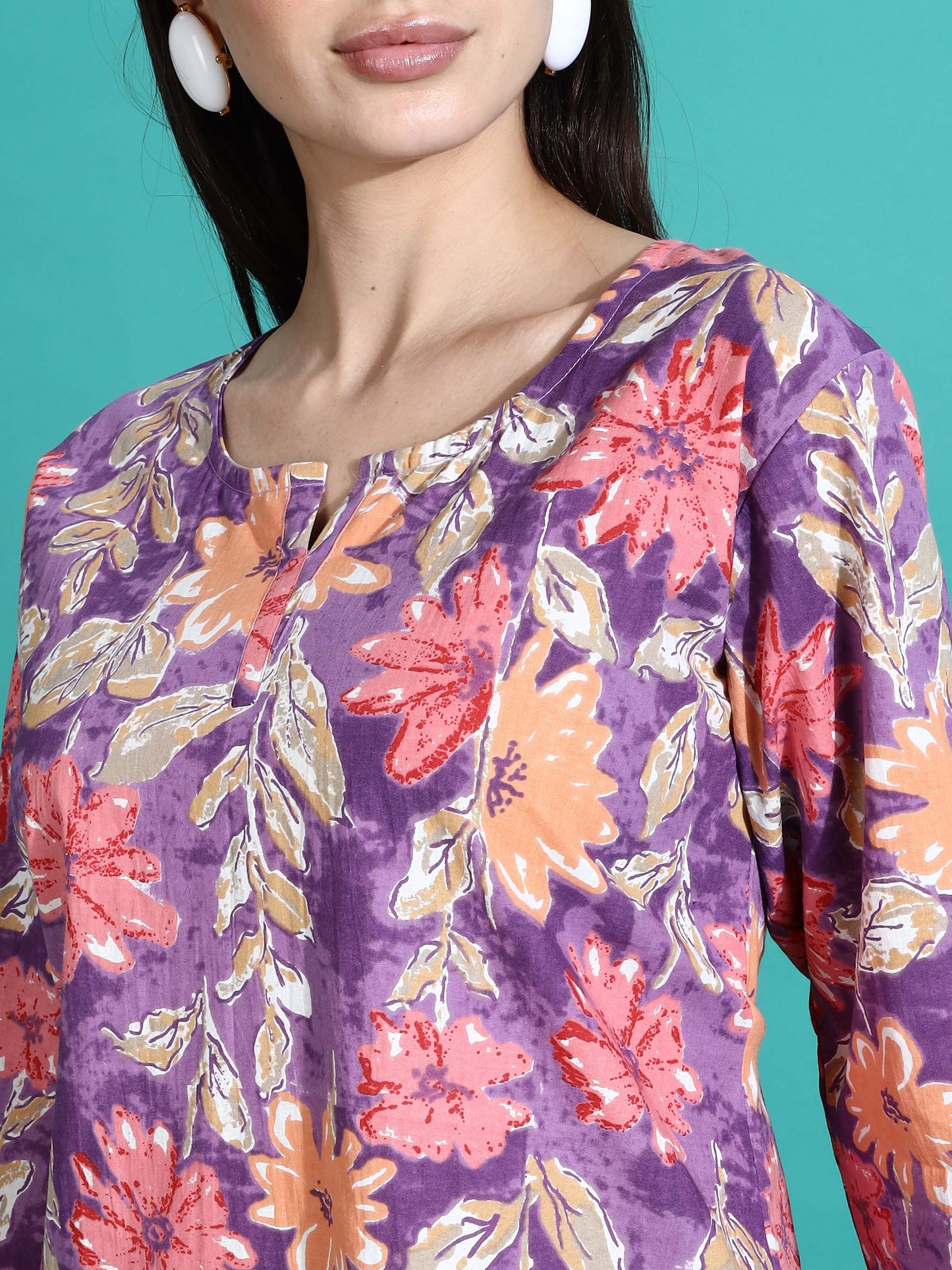 Purple Orange Floral Cotton Pajama Set Stylish Loungewear