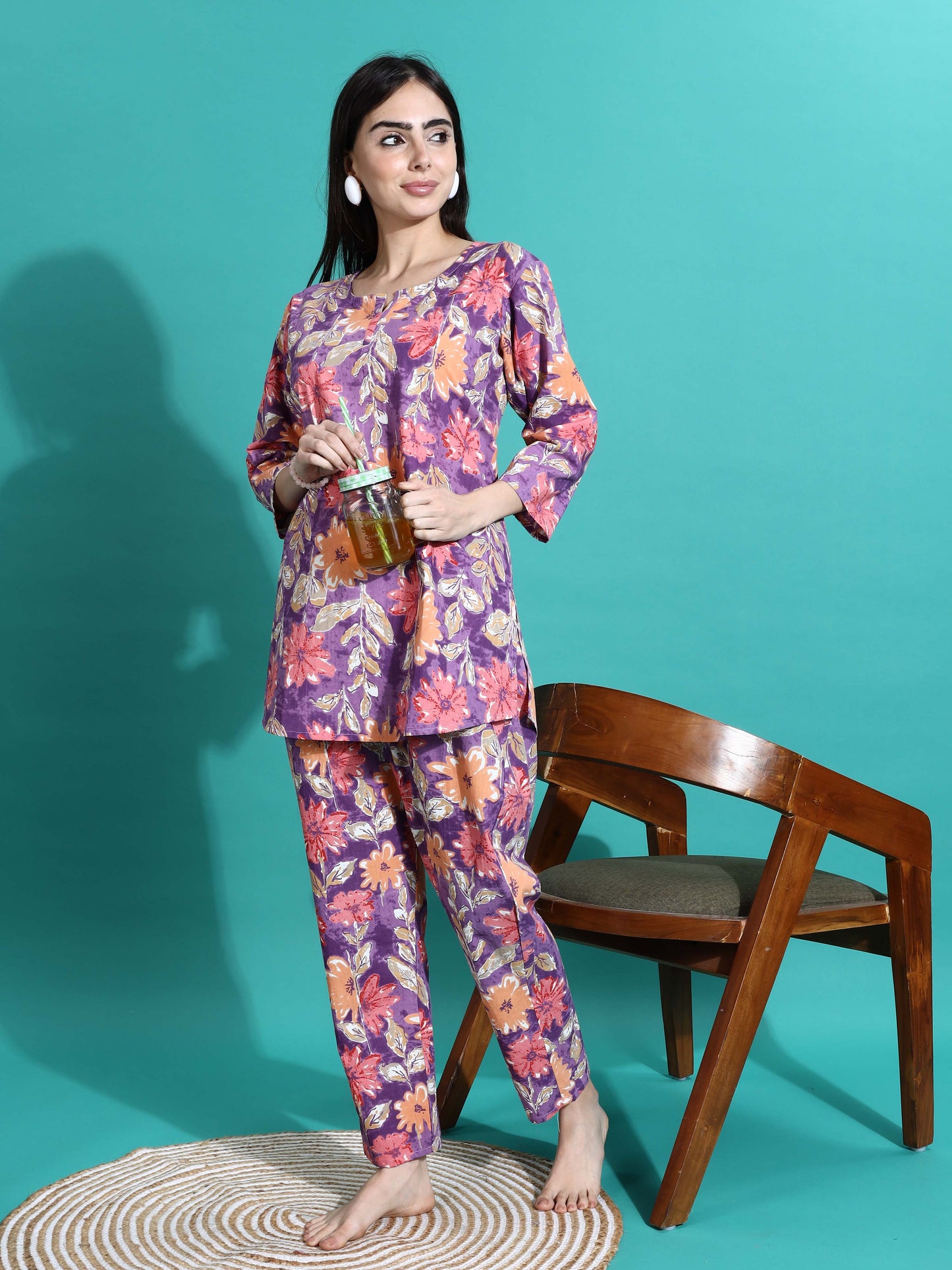 Purple Orange Floral Cotton Pajama Set Stylish Loungewear