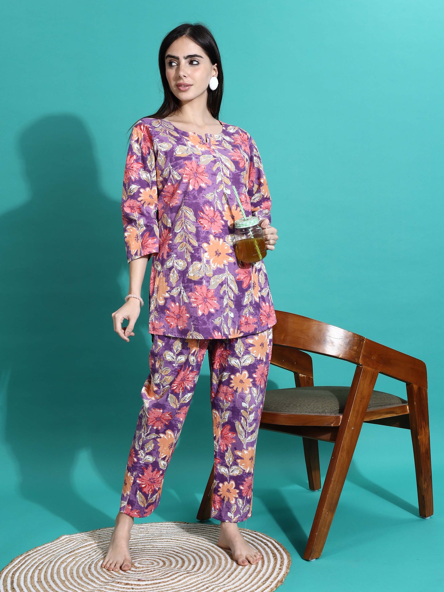 Purple Orange Floral Cotton Pajama Set Stylish Loungewear