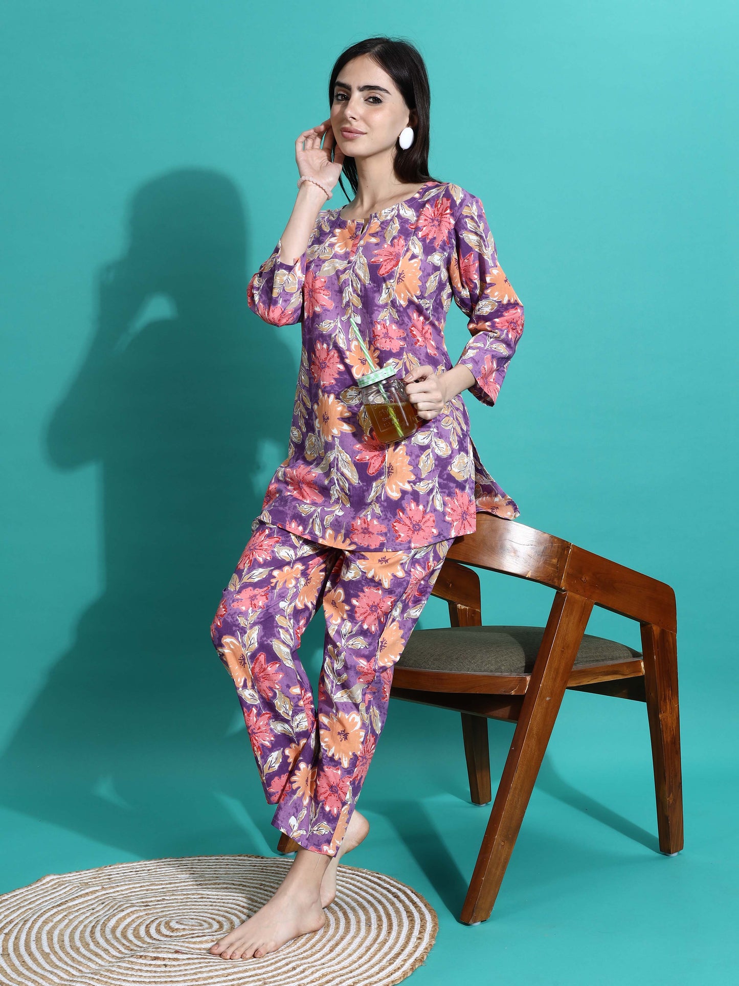 Purple Orange Floral Cotton Pajama Set Stylish Loungewear