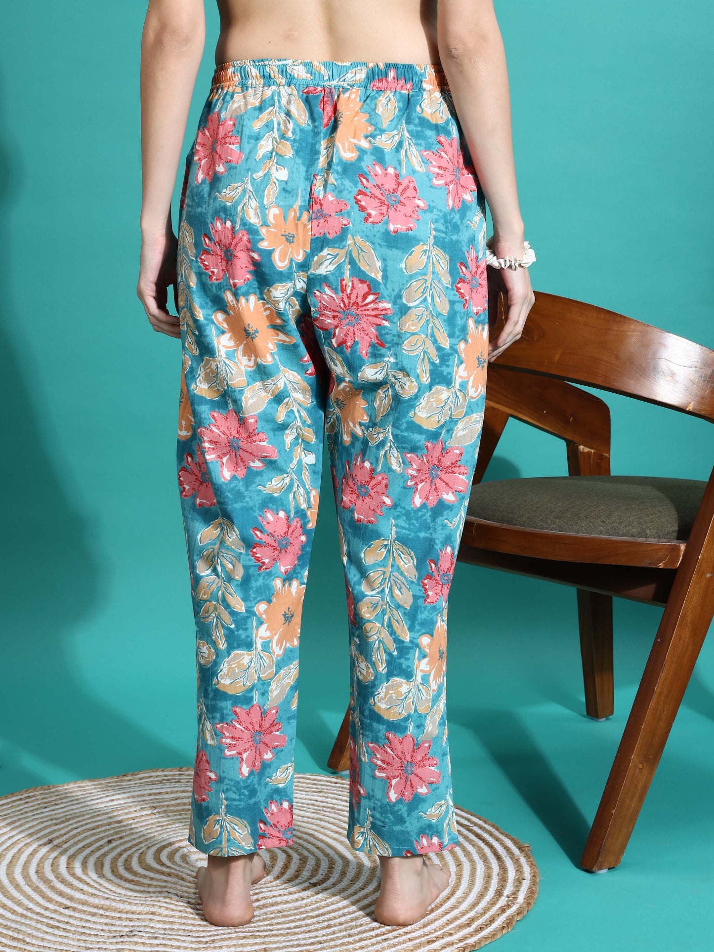 Teal Blue Printed Cotton Pajama Set for Women Cozy Nightwear