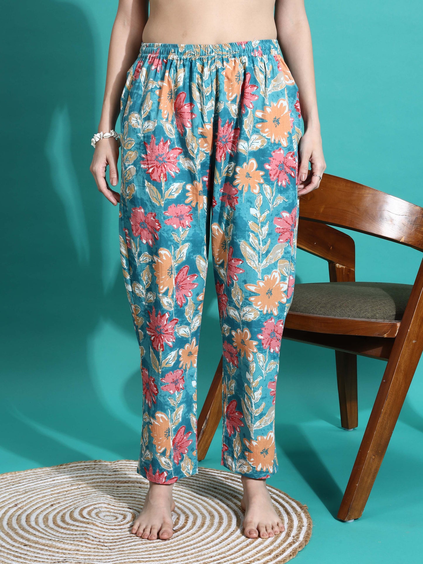 Teal Blue Printed Cotton Pajama Set for Women Cozy Nightwear