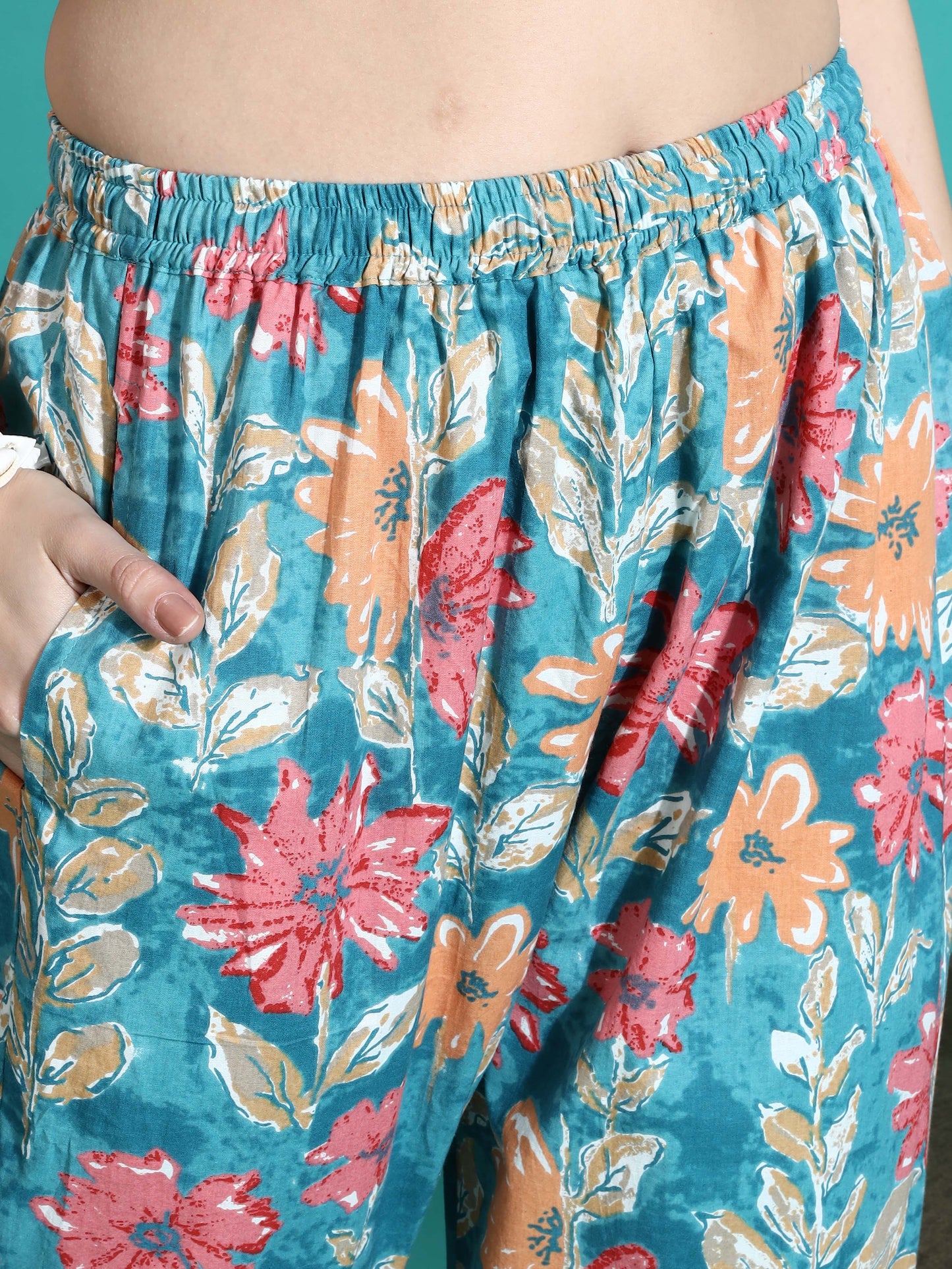 Teal Blue Printed Cotton Pajama Set for Women Cozy Nightwear