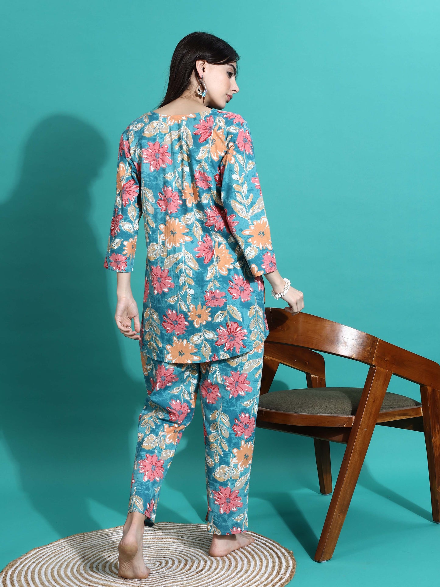Teal Blue Printed Cotton Pajama Set for Women Cozy Nightwear