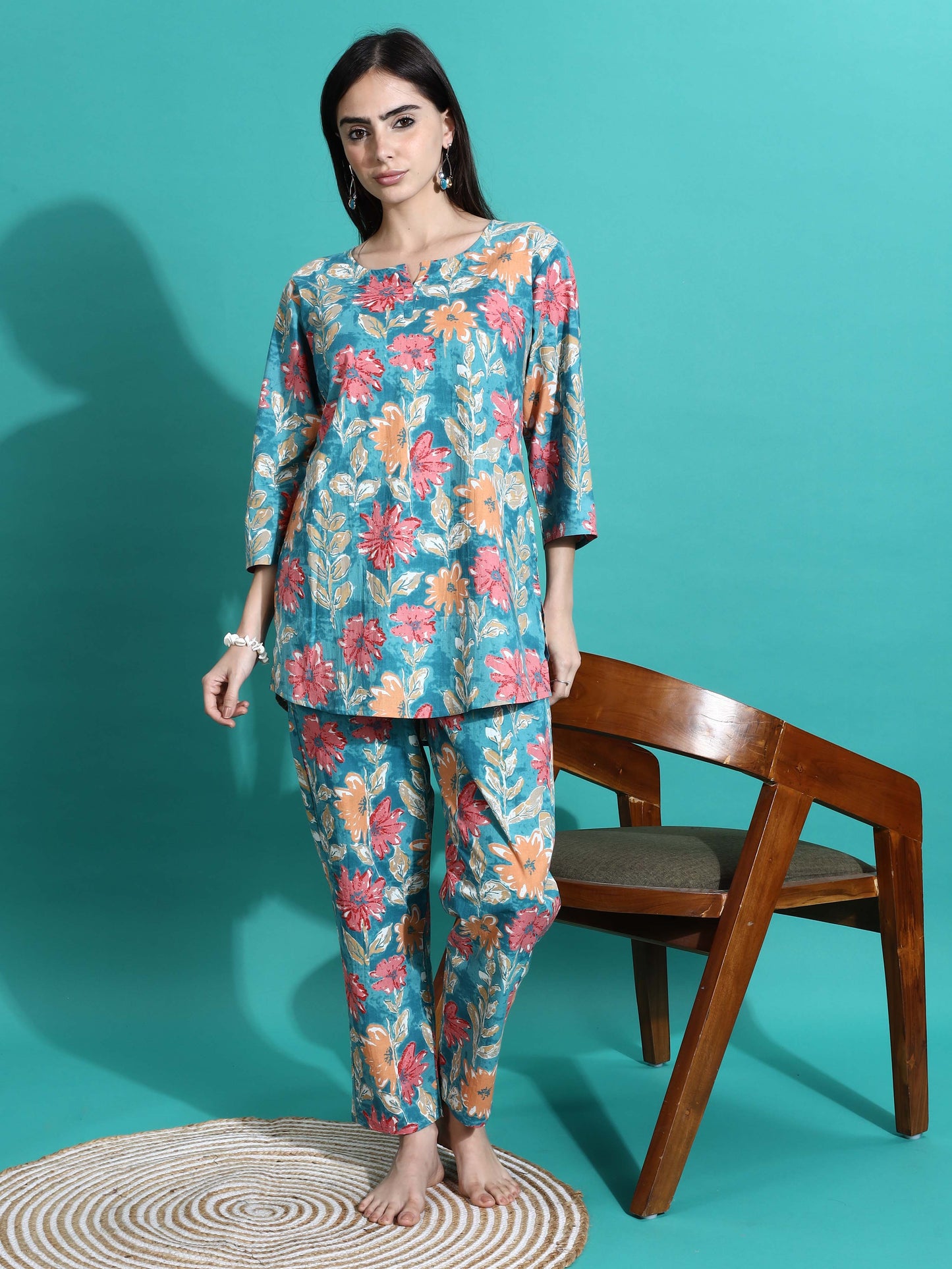Teal Blue Printed Cotton Pajama Set for Women Cozy Nightwear