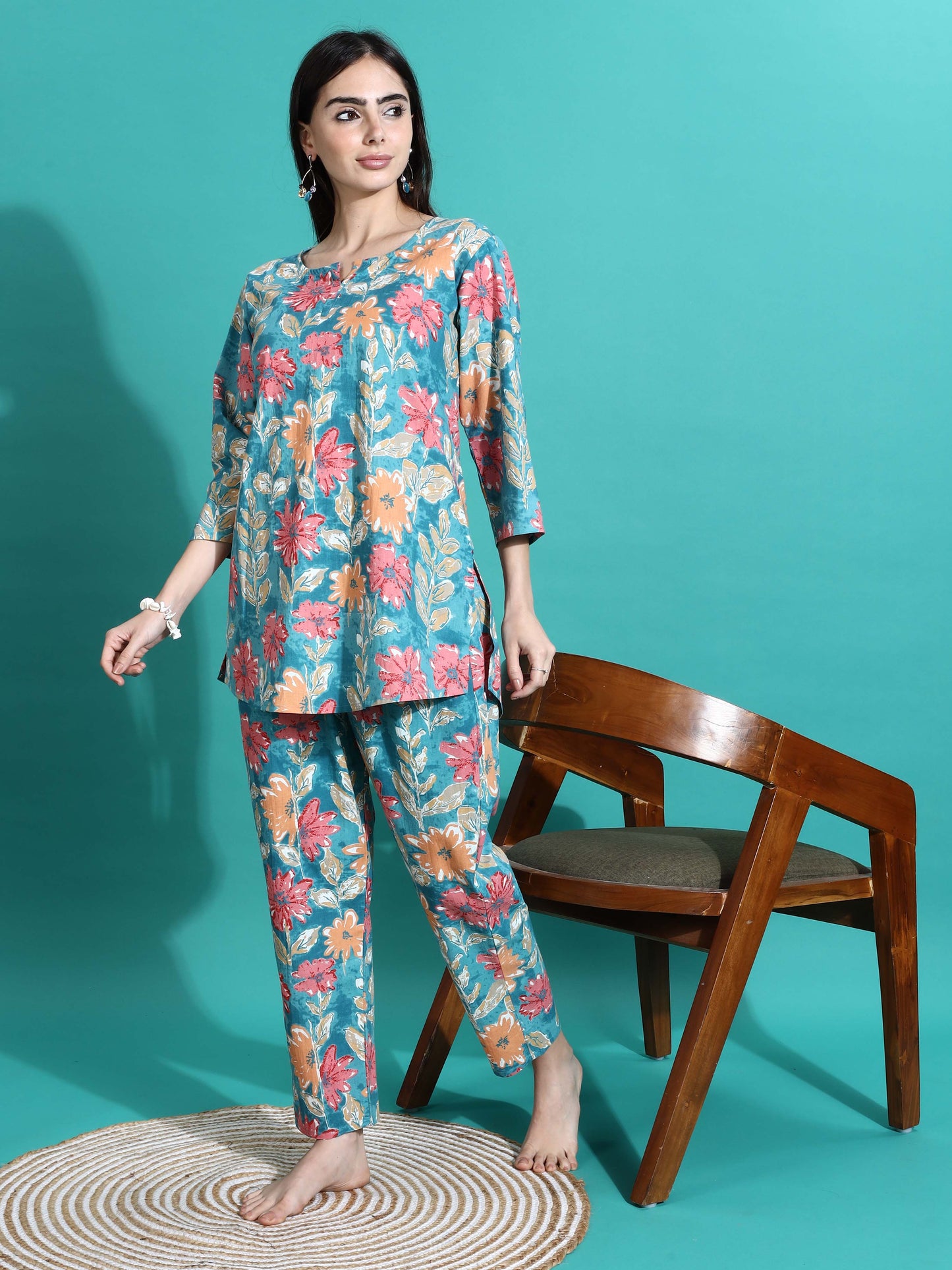 Teal Blue Printed Cotton Pajama Set for Women Cozy Nightwear