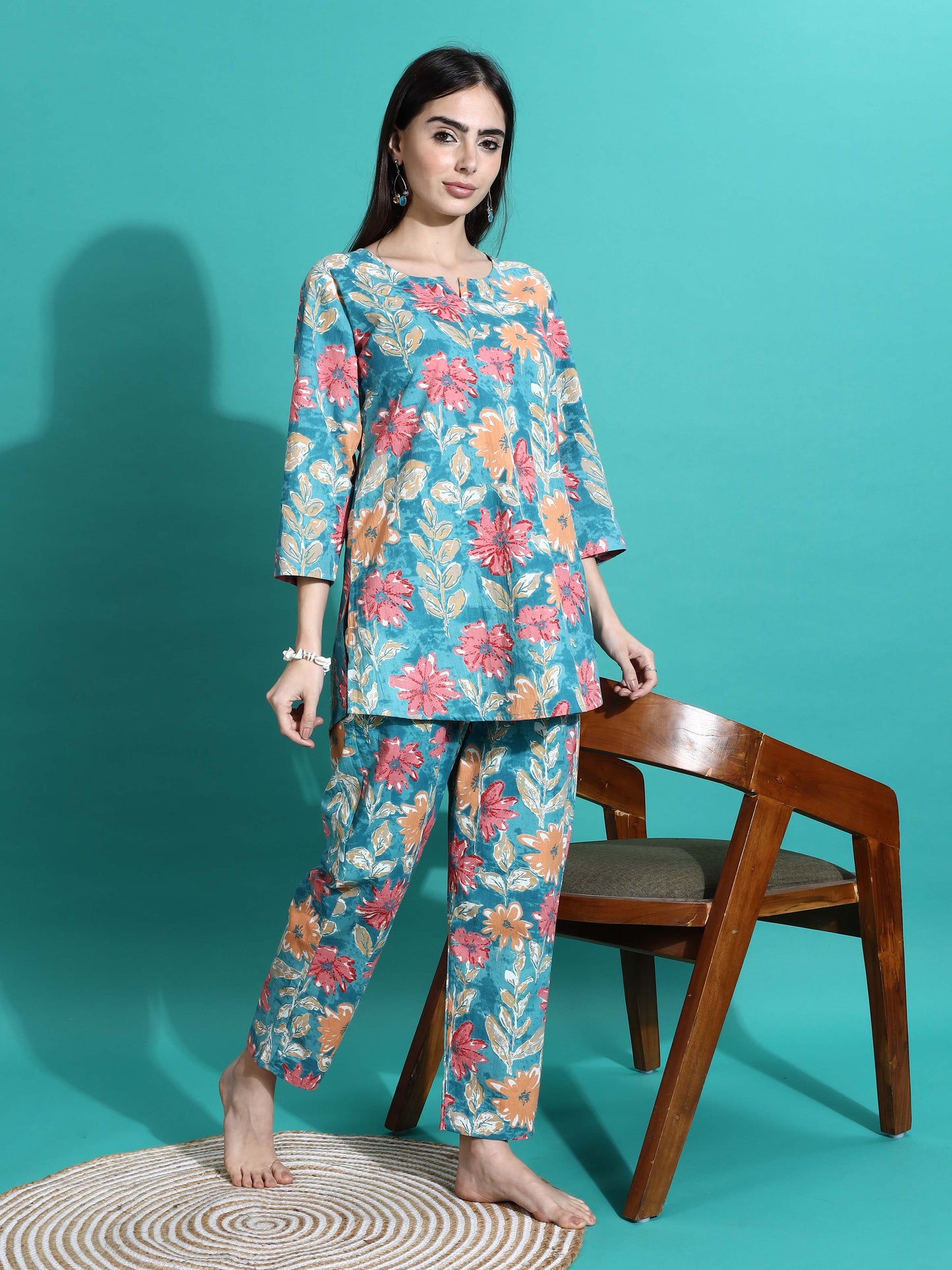 Teal Blue Printed Cotton Pajama Set for Women Cozy Nightwear