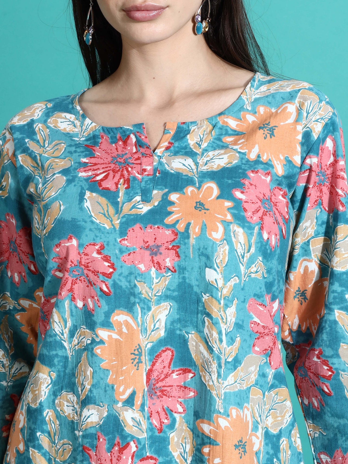 Teal Blue Printed Cotton Pajama Set for Women Cozy Nightwear