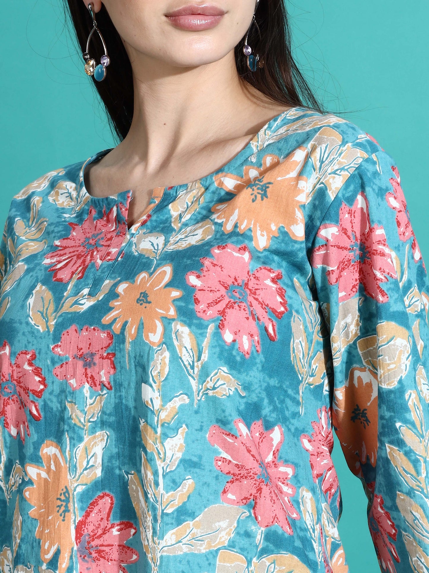 Teal Blue Printed Cotton Pajama Set for Women Cozy Nightwear