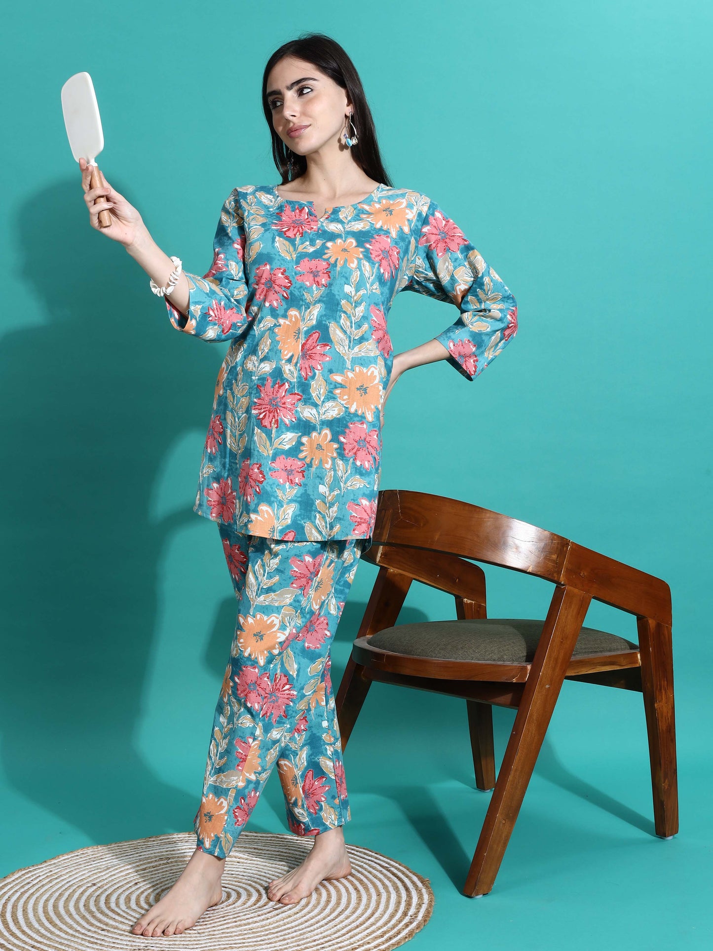 Teal Blue Printed Cotton Pajama Set for Women Cozy Nightwear