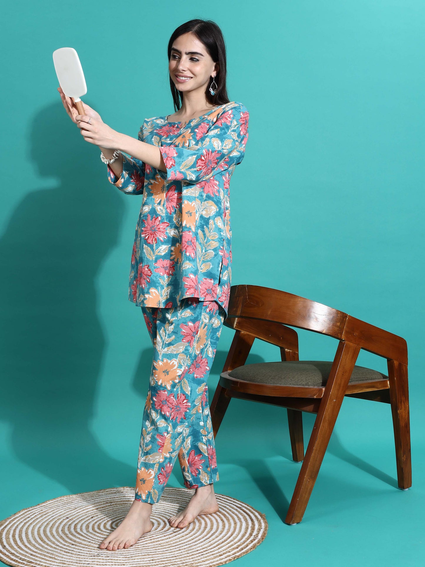 Teal Blue Printed Cotton Pajama Set for Women Cozy Nightwear