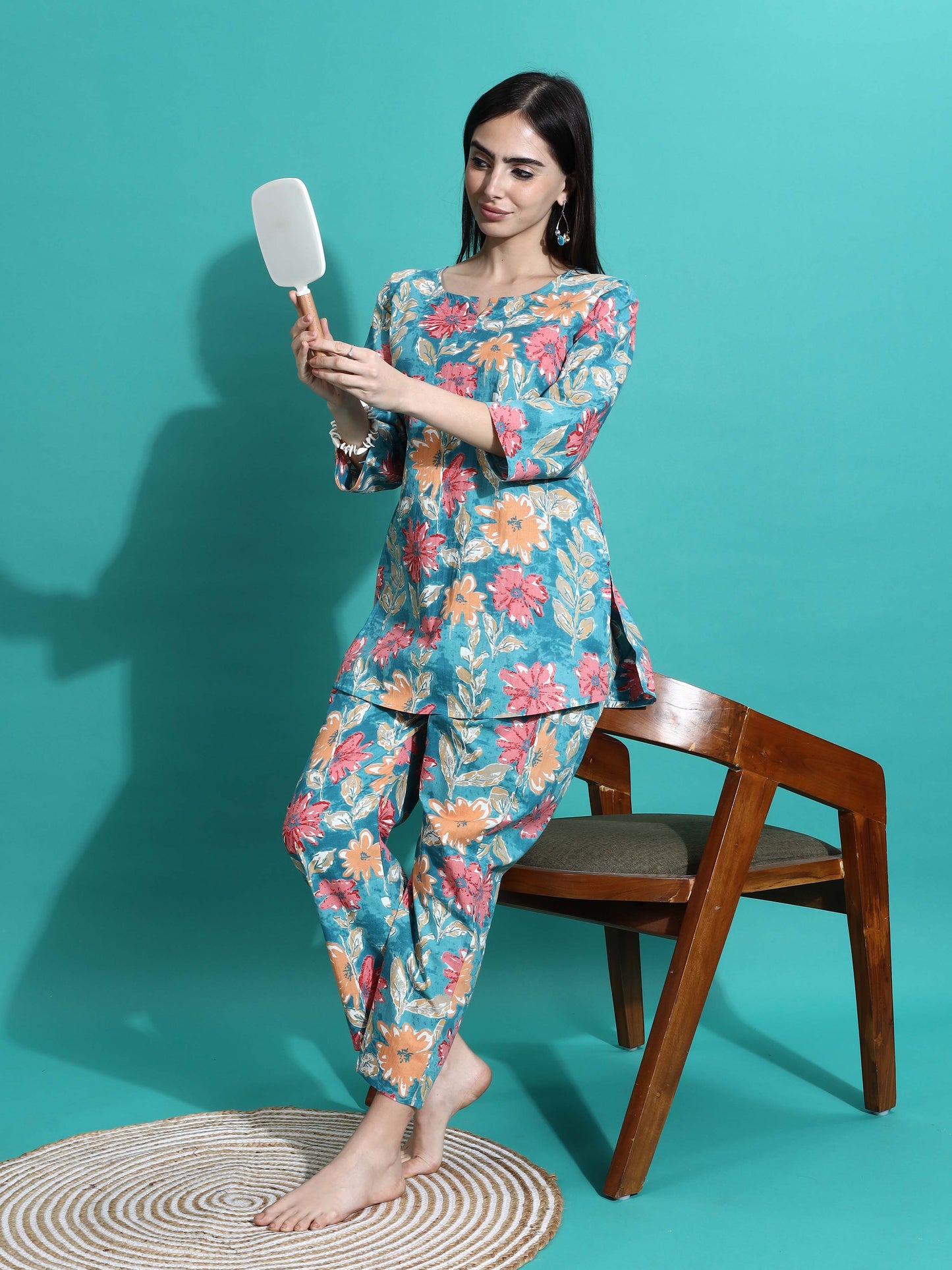 Teal Blue Printed Cotton Pajama Set for Women Cozy Nightwear