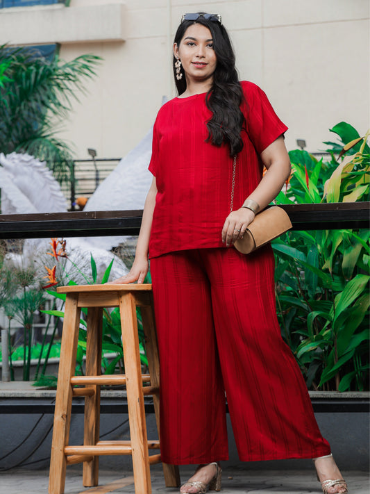 Rayon Round Neck Co-ord Sets Dark Red