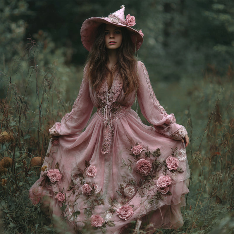 Vintage Pink Witch Roses Fiber Art Flowy Linen Dress