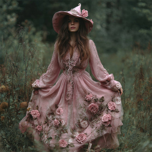 Vintage Pink Witch Roses Fiber Art Flowy Linen Dress