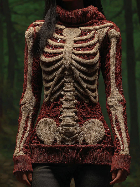 Women's Vintage Skeleton Color Bolock Art Cozy High Neck Sweater