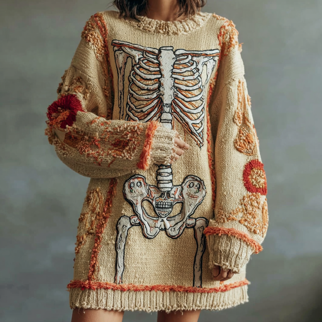 Vintage Halloween Skeleton Bones Art Chunky Knitted Sweater Dress