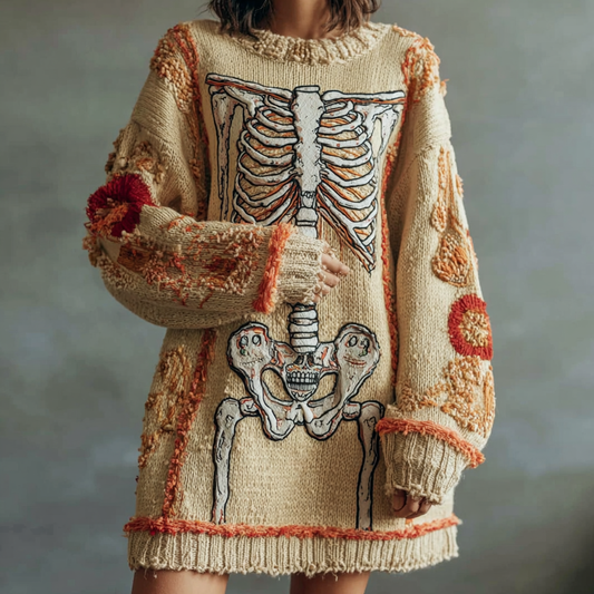 Vintage Halloween Skeleton Bones Art Chunky Knitted Sweater Dress