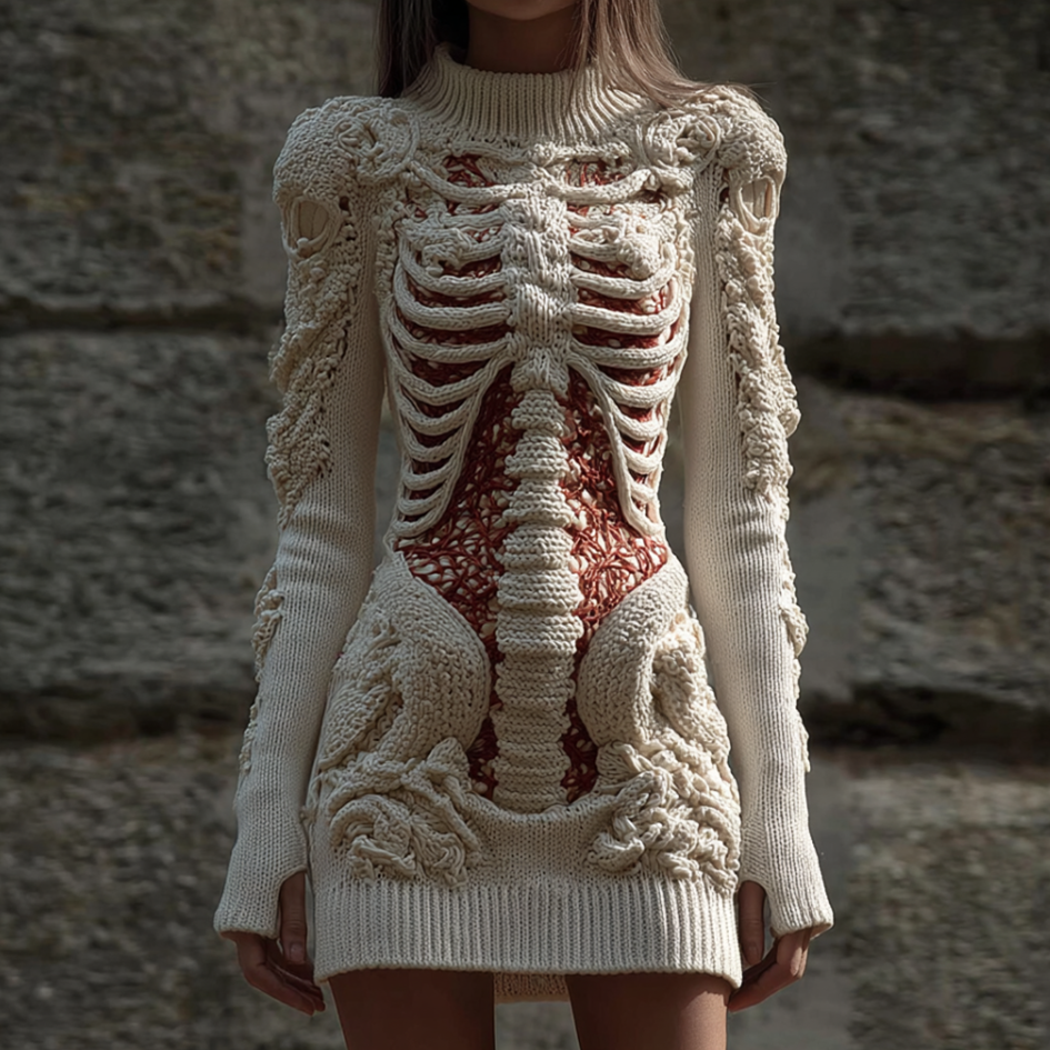 Halloween Women's Anatomy Skeleton Design Knit Sweater Dress