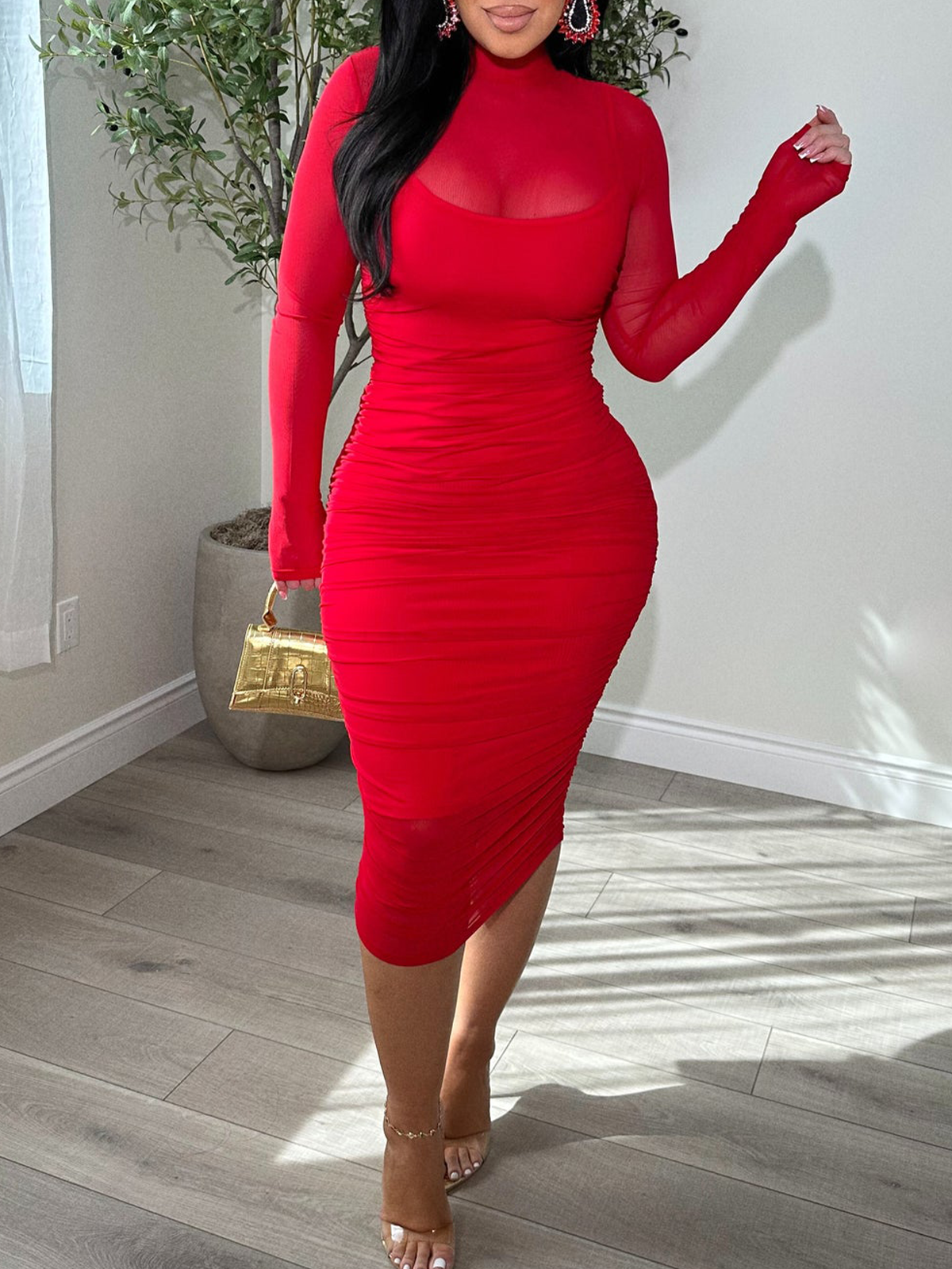 Women's Ruched Mesh Sheer Mock Neck Long Sleeve Midi Bodycon Dress