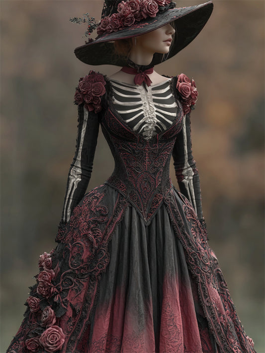 Vintage Halloween Skeleton Scarlet Roses Gradient Linen Maxi Dress