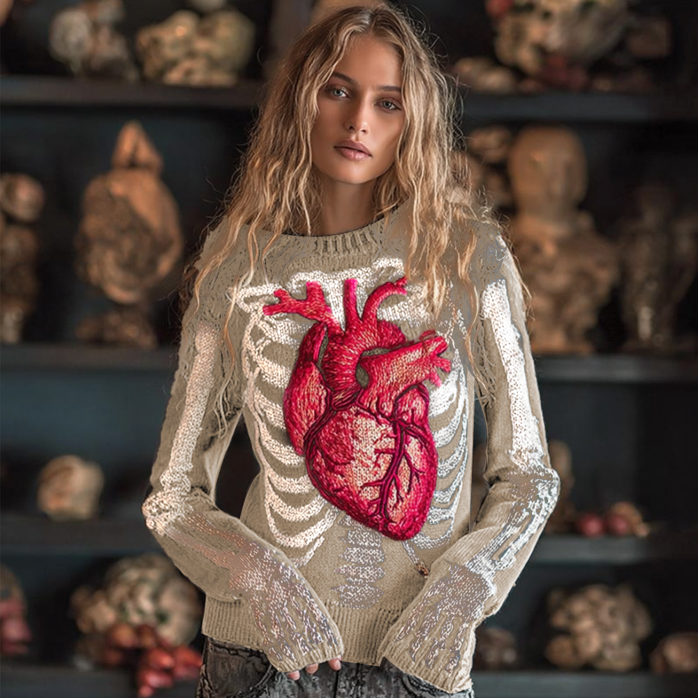 Women Halloween Human Bones Beating Red Heart Embroidery Antique Round Neck Sweater