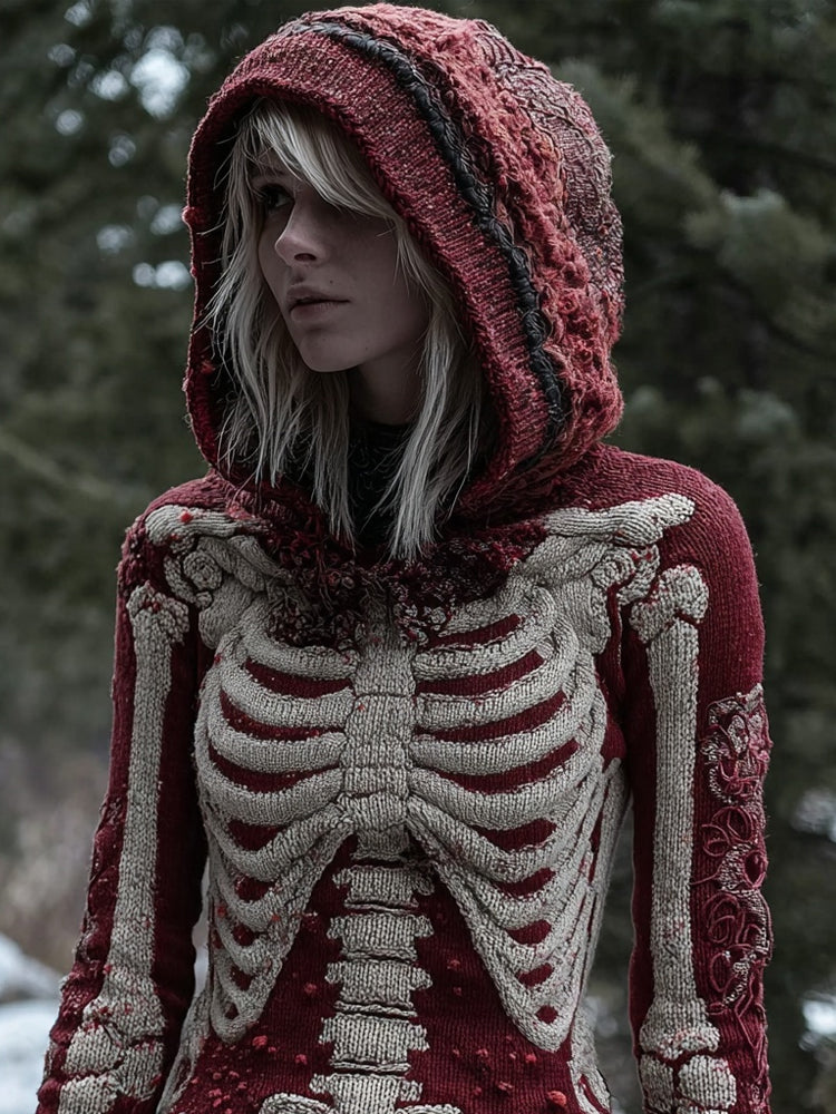 Vintage Halloween Skeleton Cozy Knit Hooded Sweater