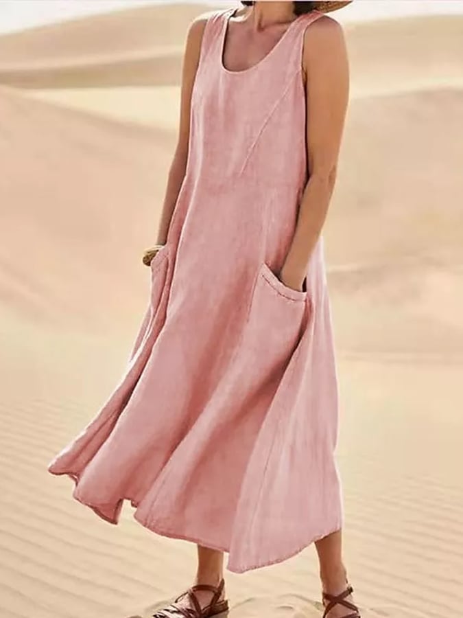 Women's Casual Pure Color Sleeveless Cotton Dress