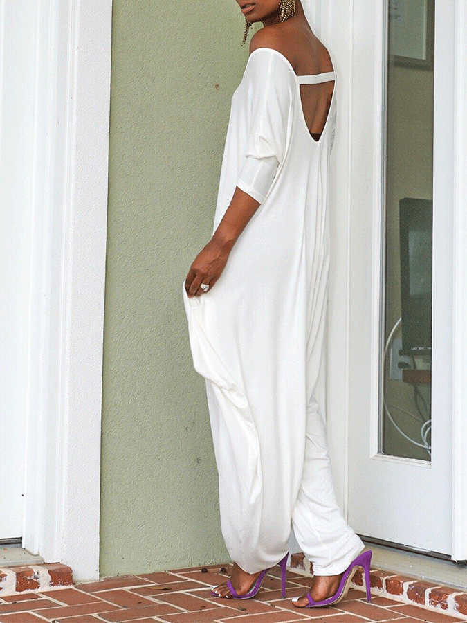Women's Solid Color Loose Open Back Casual Jumpsuit
