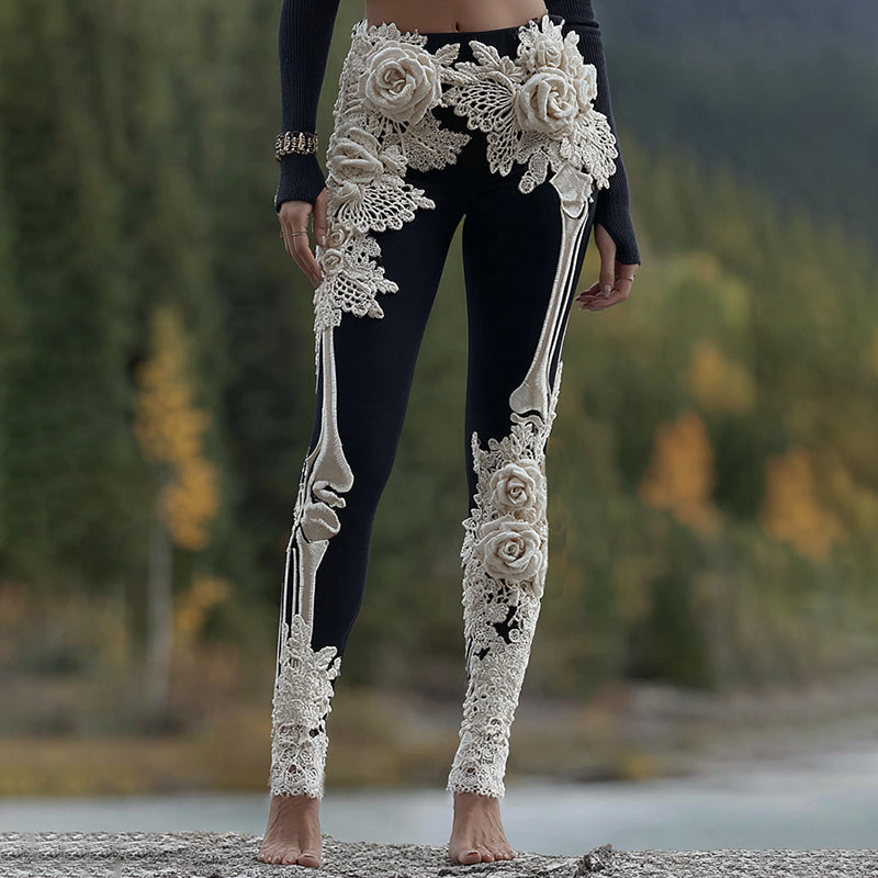 Vintage Halloween Skeleton Bones With Rose Art Cozy Knit Leggings
