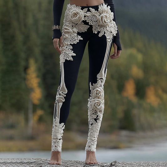Vintage Halloween Skeleton Bones With Rose Art Cozy Knit Leggings