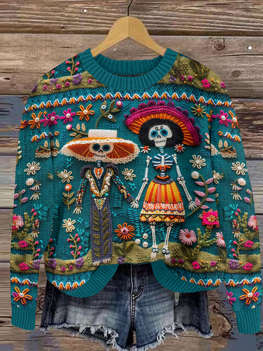 Mexican Sugar Skeleton Couple Catrina Day Of The Dead Inspired Embroidery Art Print Knitted Pullover Sweater