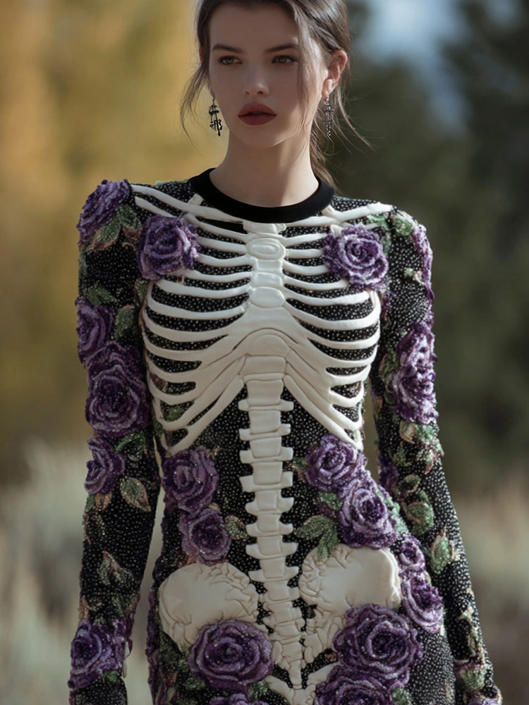 Women's Vintage Halloween Skeleton Bones With Rose Art Cozy Knit Mini Sweater Dress