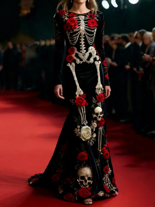 Women's Halloween Rose Skull Velvet Round Neck Maxi Dress