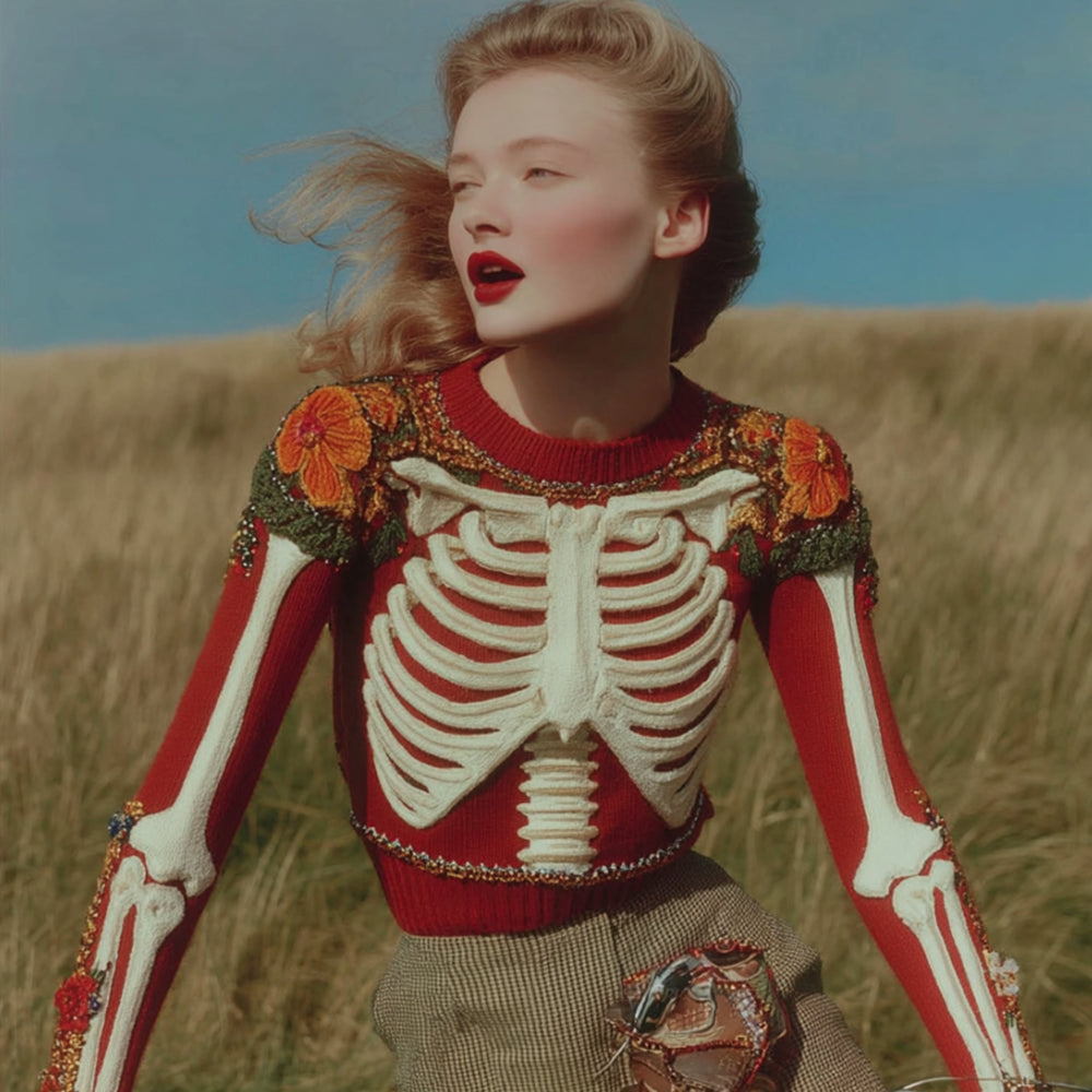 Women's Artistic Sense Halloween Human Anatomy And Flower Round Neck Sweater