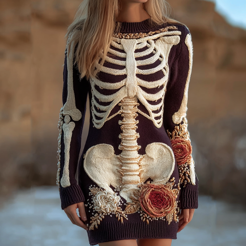 Halloween Human Anatomy Pattern And Flower Pattern Combined Design Women's Round Neck Knit Sweater Dress