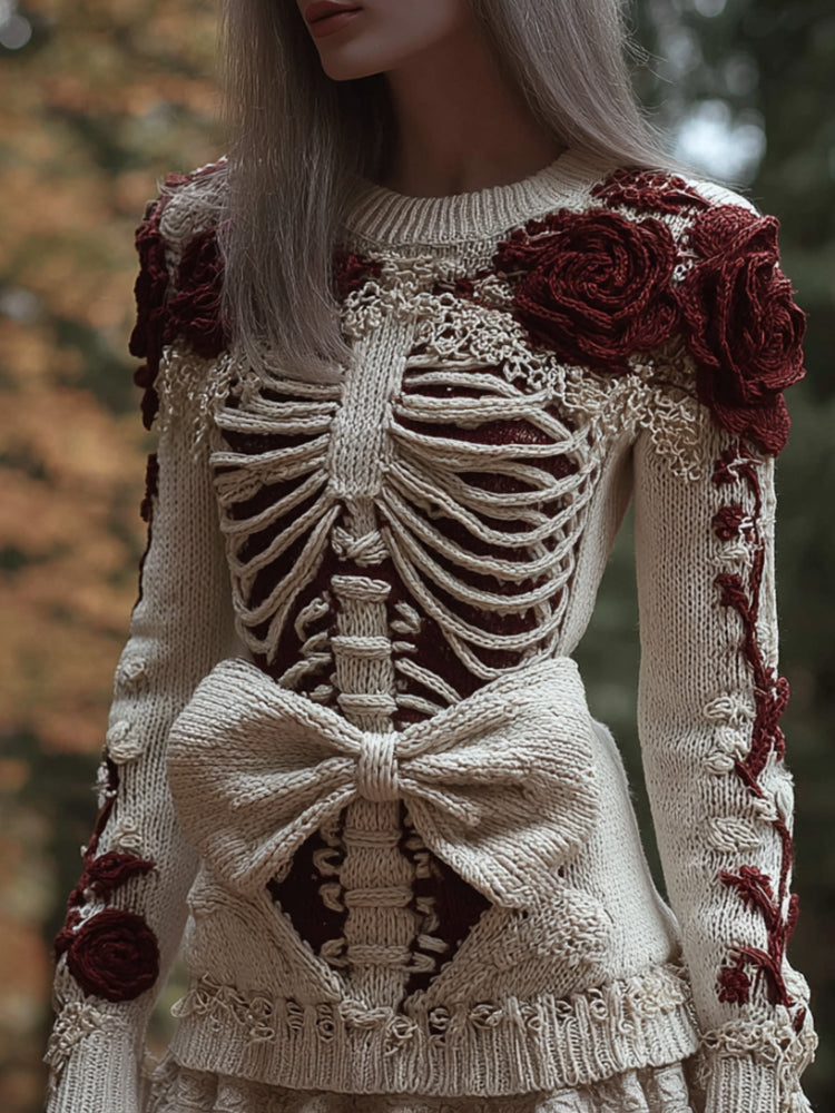 Women's Halloween Skeleton Art Bow Embroidery Vintage Round Neck Sweater