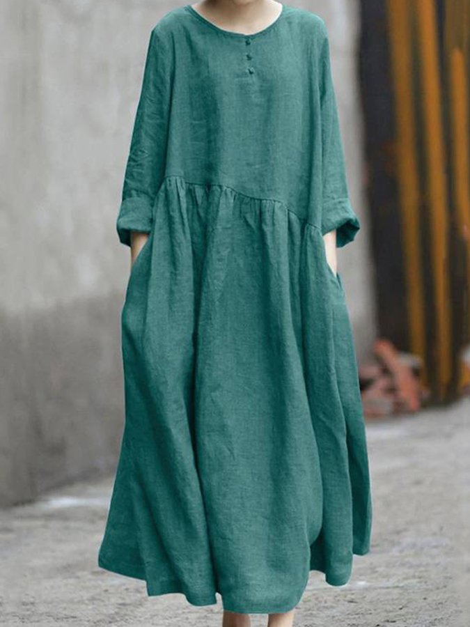 Airrys™ Ladies Cotton Linen Irregular Piece Round Neck Pocket Long Sleeve Dress