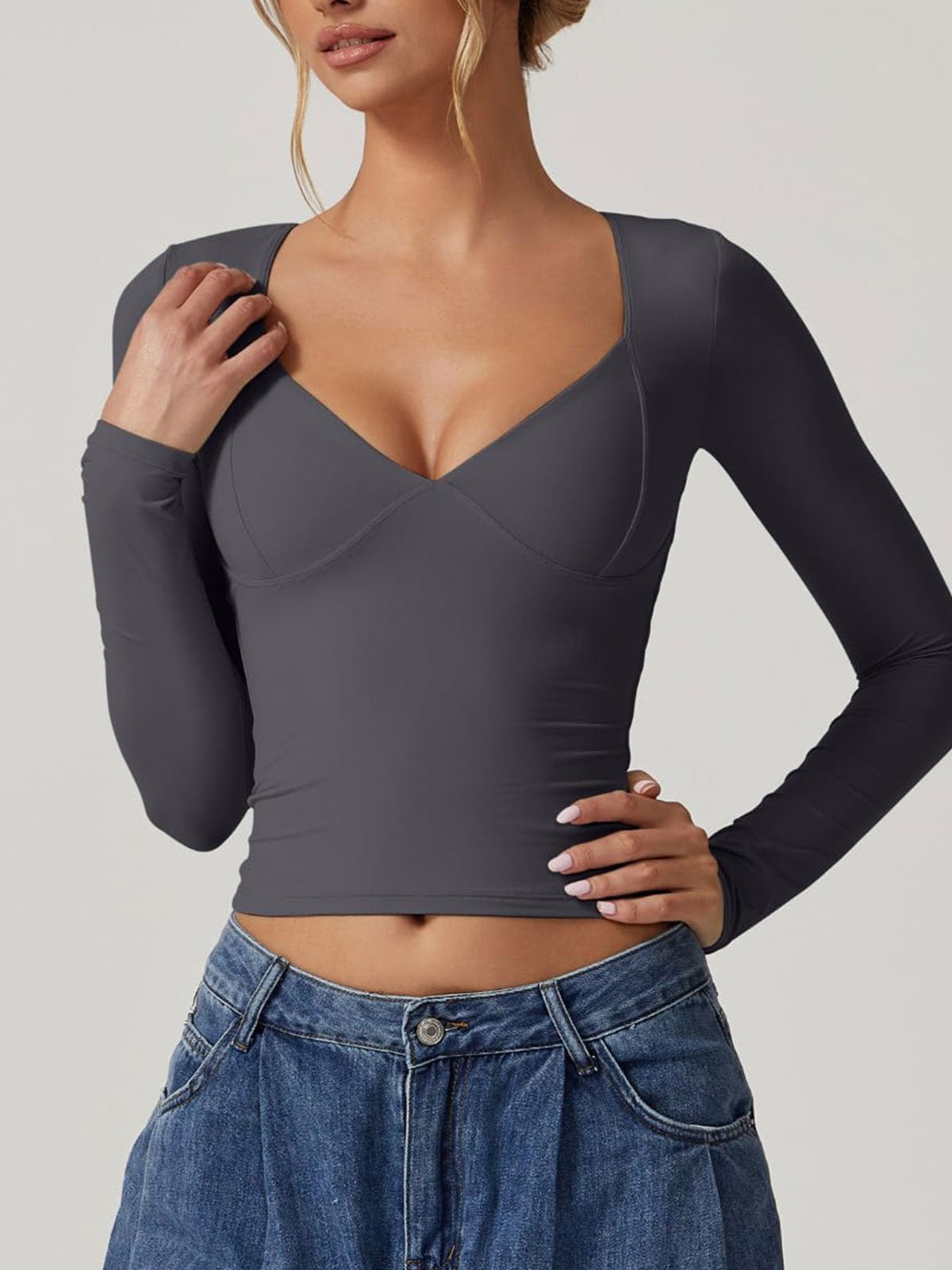 Long Sleeve V Neck T Shirts Double Lined Crop Top Seamed Cup Going Out Tops