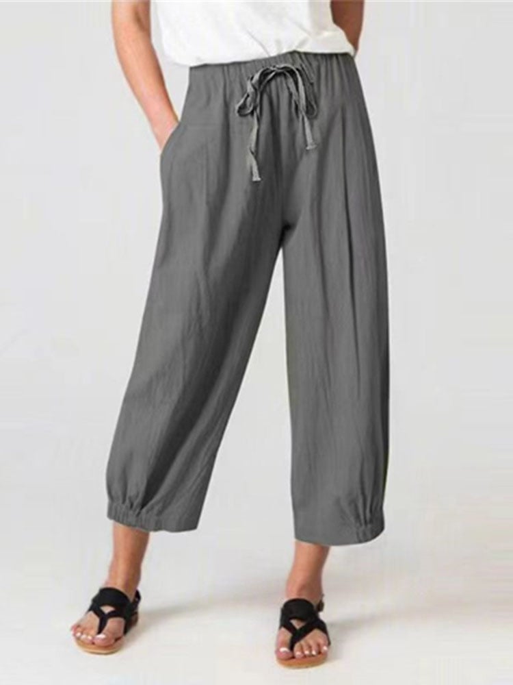 Women's Cotton Linen Drawstring Cropped Pocket Casual Pants