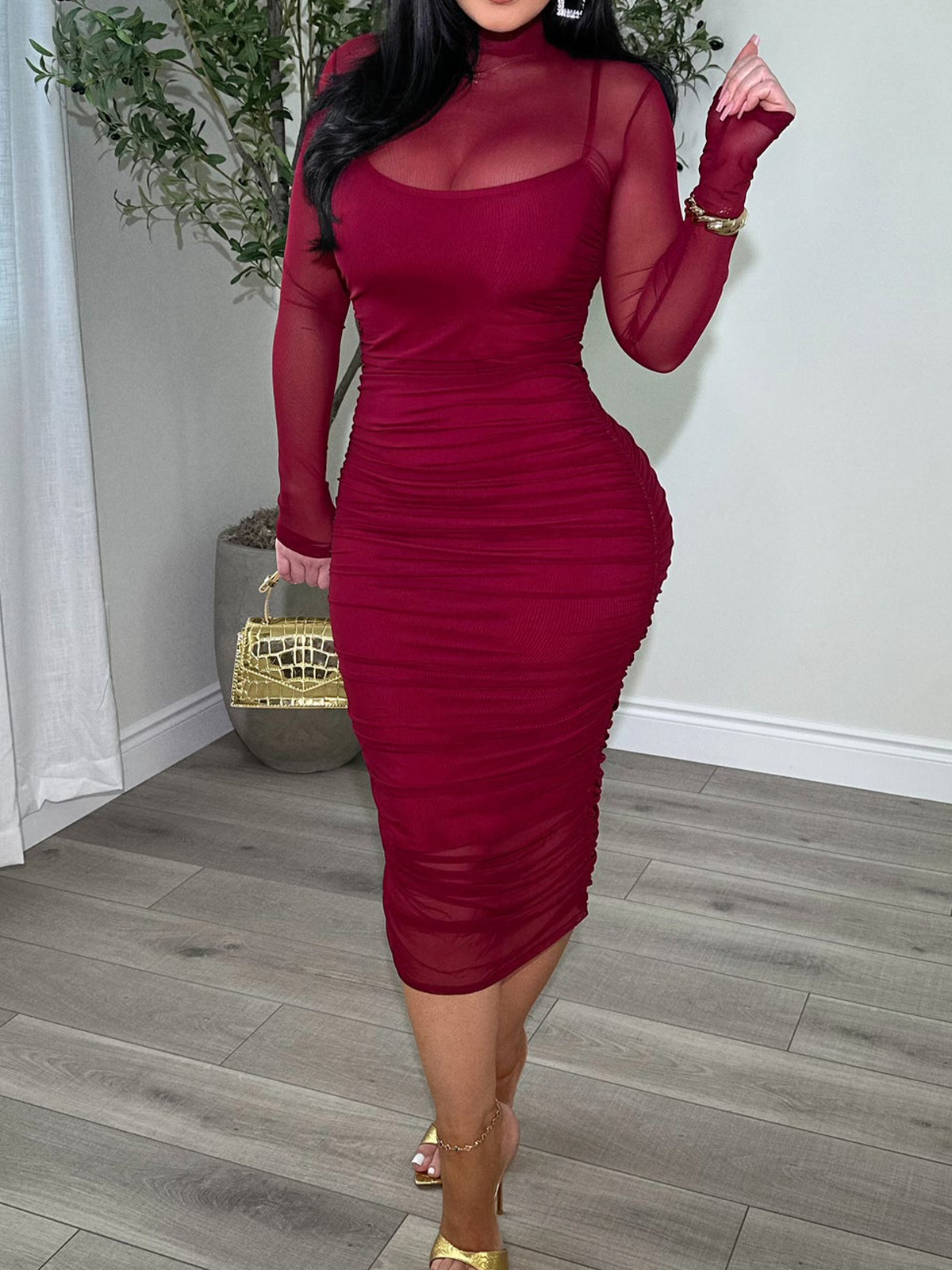 Women's Ruched Mesh Sheer Mock Neck Long Sleeve Midi Bodycon Dress